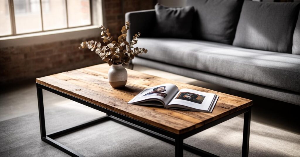 ¿Cómo renovar una mesa de centro de estilo industrial potenciando el contraste entre elementos luminosos y acabados negros?